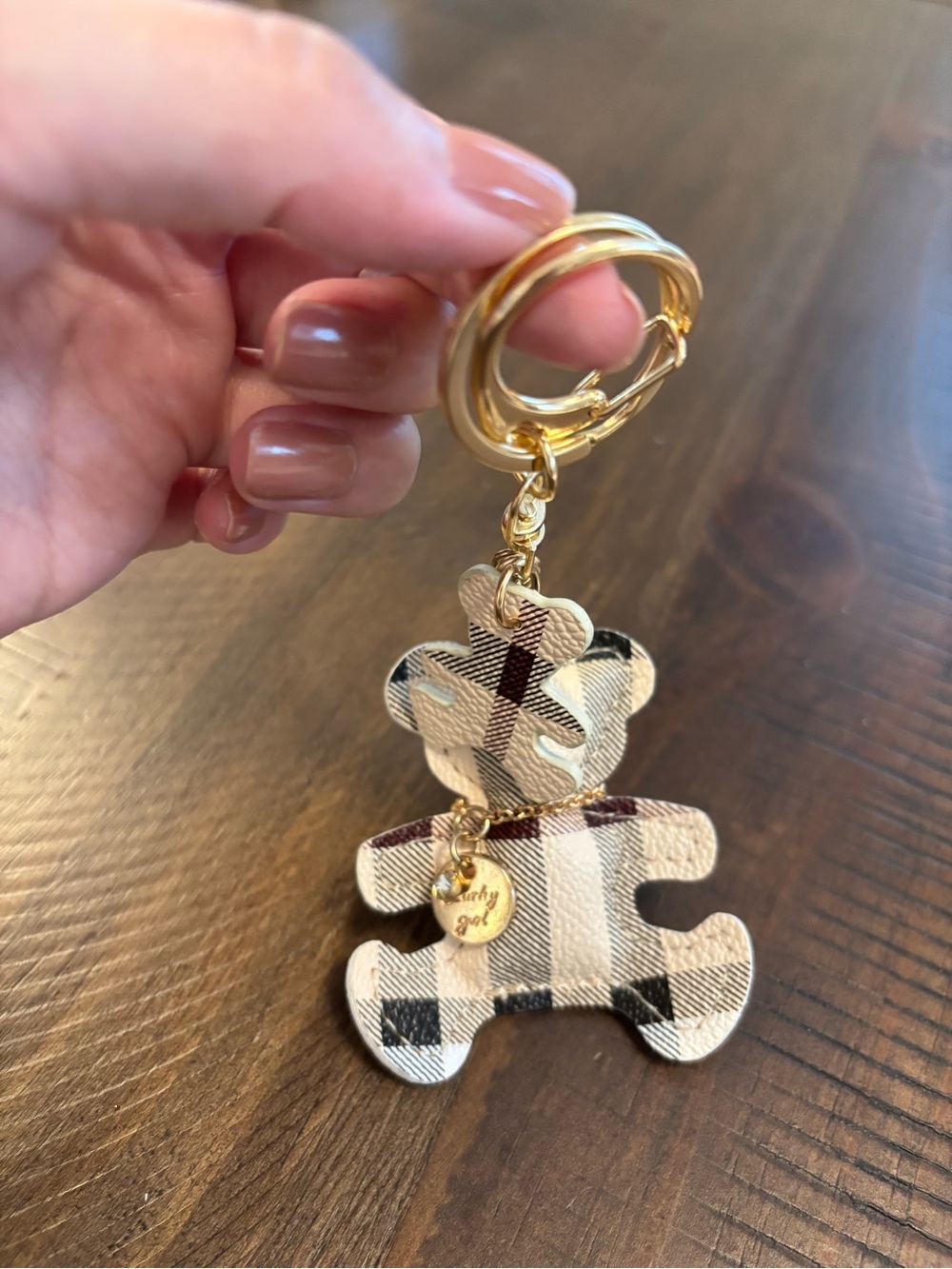 New! Plaid Teddy Bear Tassel Keychain Bag Charm Gold Tone - Picture 2 of 3